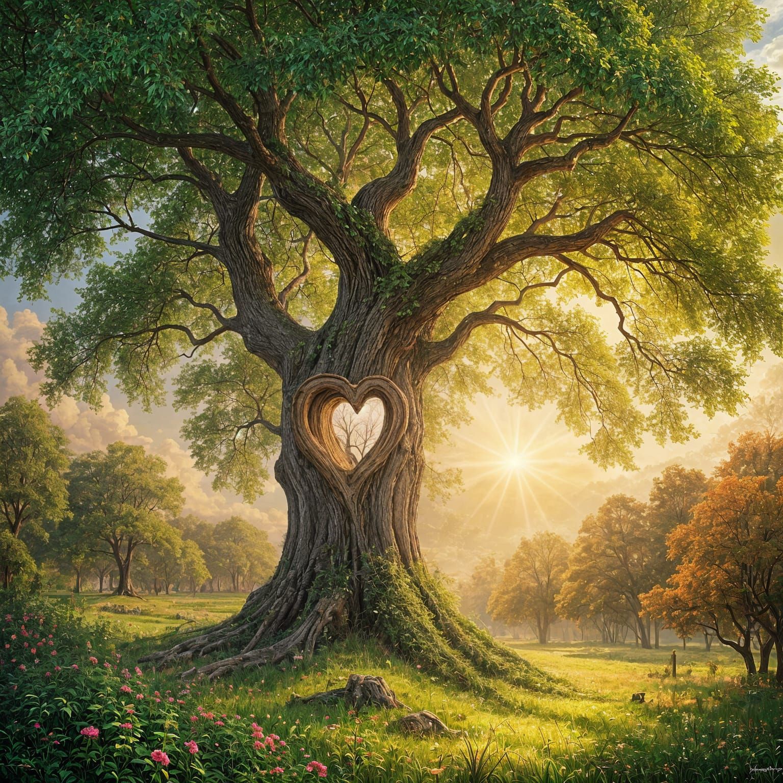 Majestic Tree with Heart-Shaped Glow in Impressionist Style