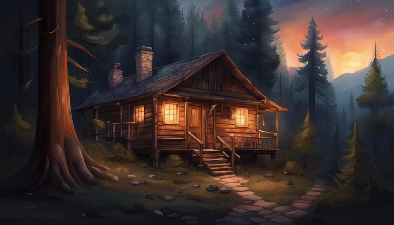 Cozy Forest Cabin Under Starry Sky in Watercolor
