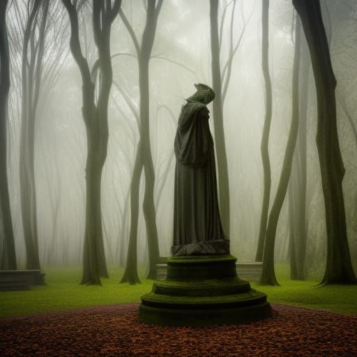 Weeping Angel in Misty Forest: Professional Photography