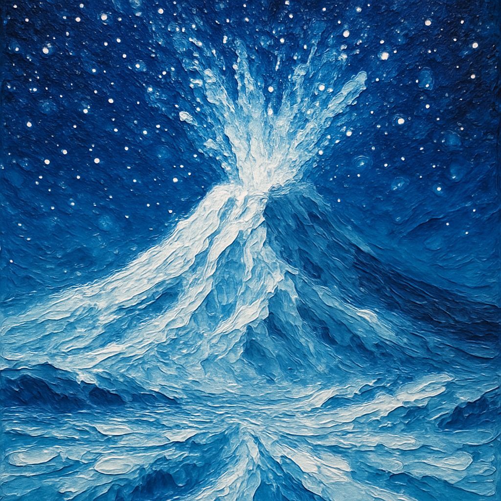 Snow Volcano Eruption on Alien Planet as Impasto Painting