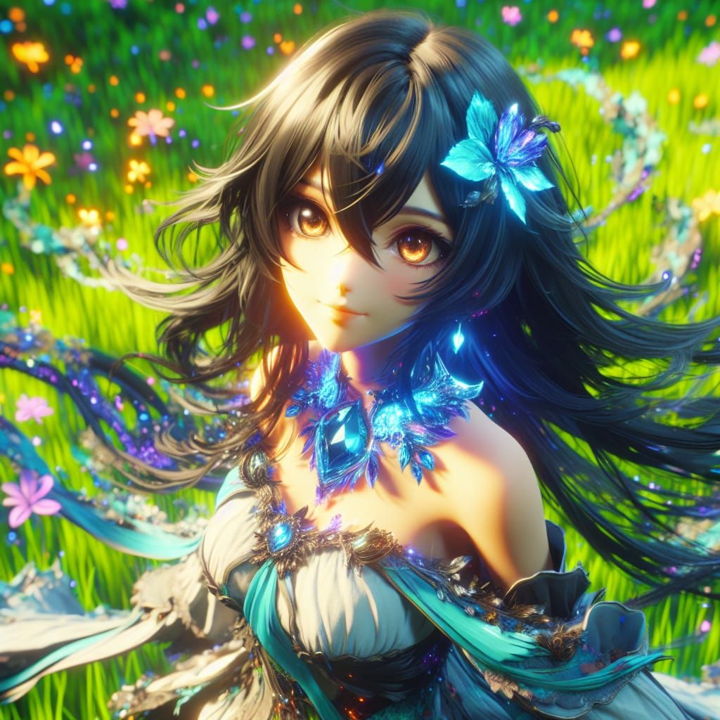 Anime Girl Levitating in Verdant Field: Digital Art