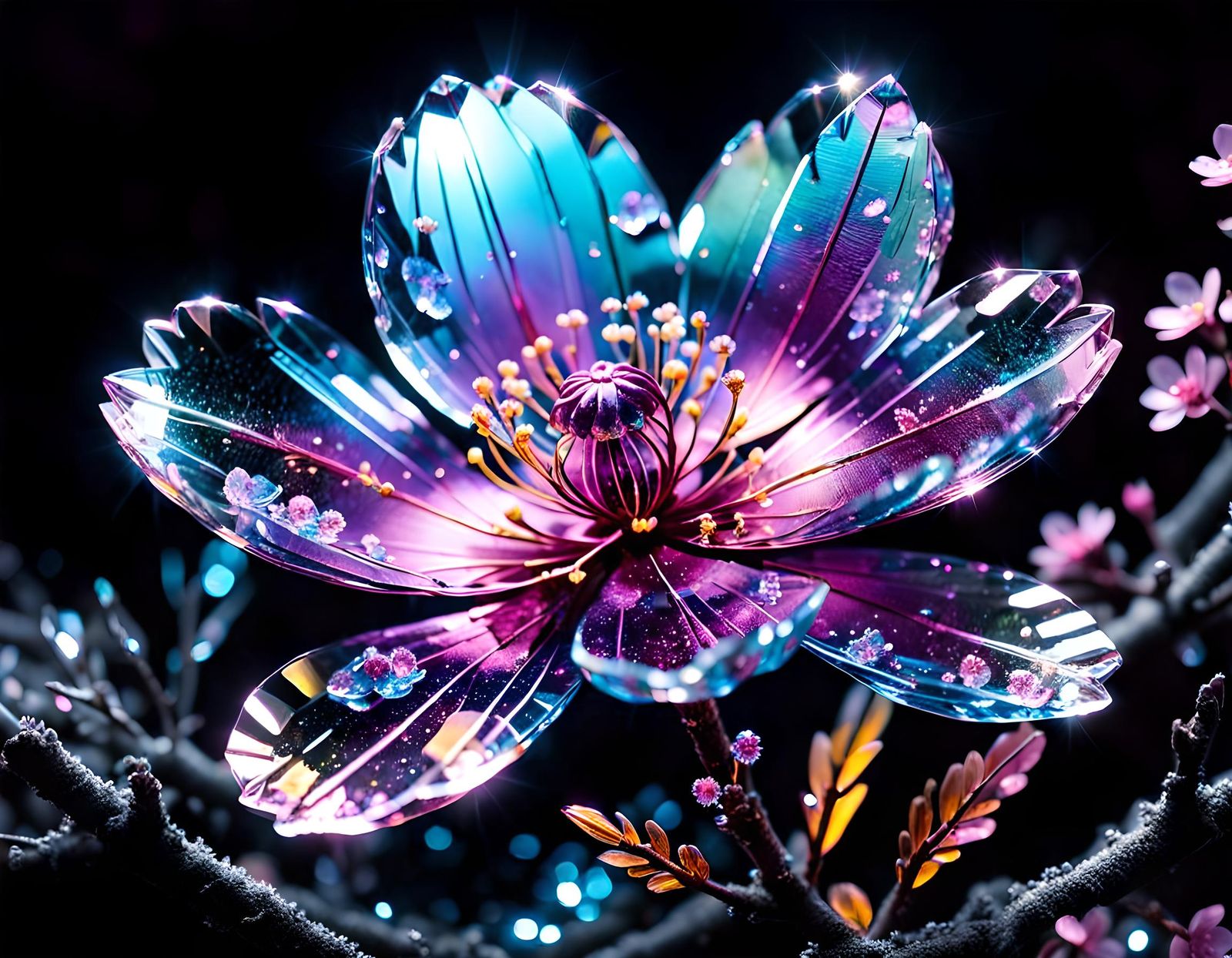 Bioluminescent Crystal Sakura in Crystalline Forest