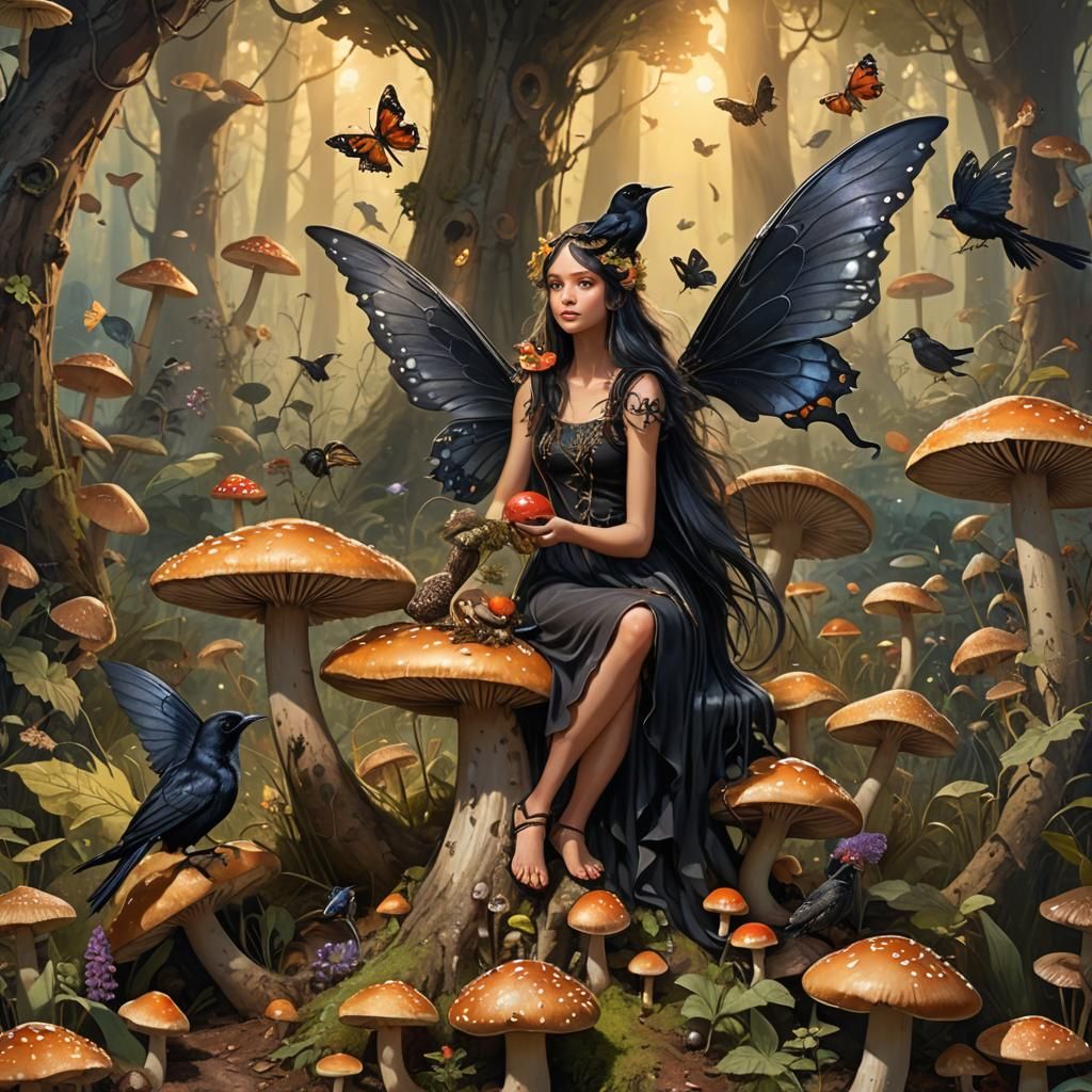 Fairy with Raven Wings in Sunlight: An Oil Painting