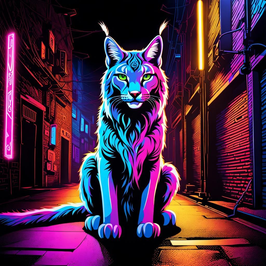 Cyberpunk Alley Lynx in Black Light Art