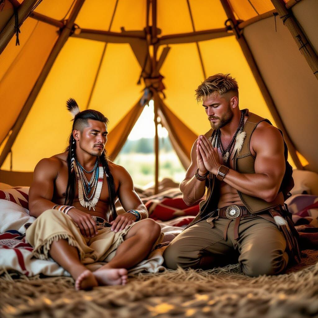 Lakota Tipi Scene: Explorer and Tribesman Camaraderie