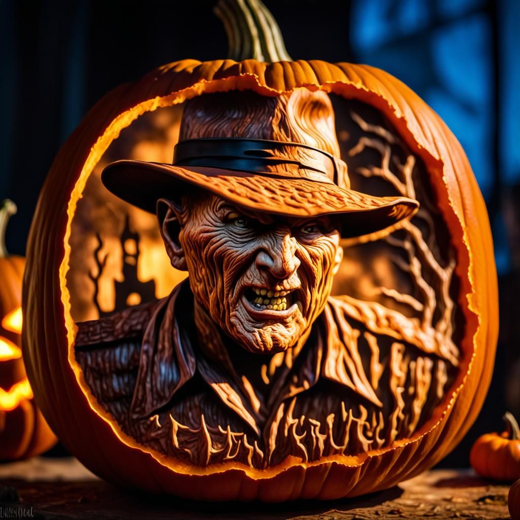 Detailed Pumpkin Carving of Freddy Krueger