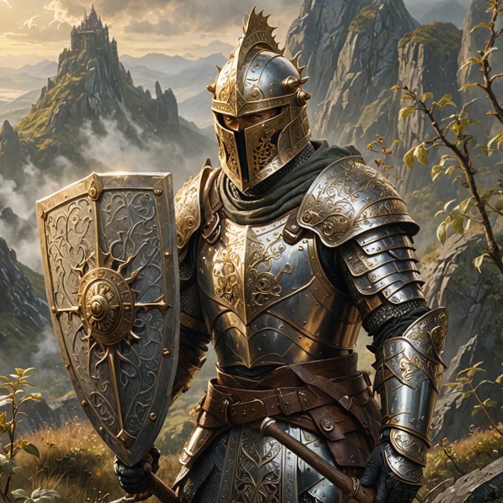 Warrior with Hammer and Shield on Misty Peak