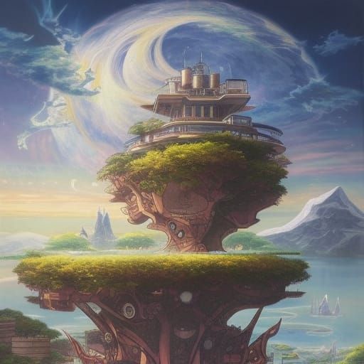 Anime City on Floating Island in Neoplastic Style