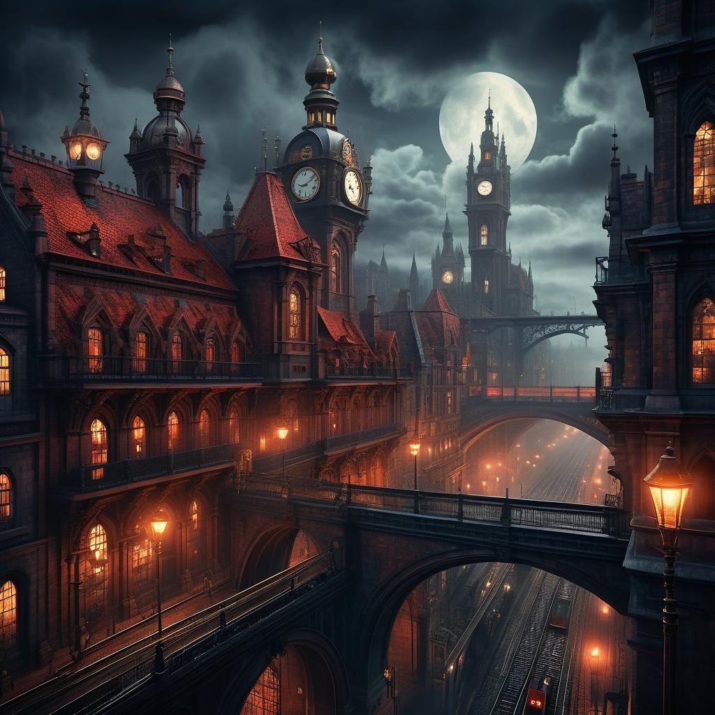 Steampunk Megacity at Night with Red Terracotta Roofs
