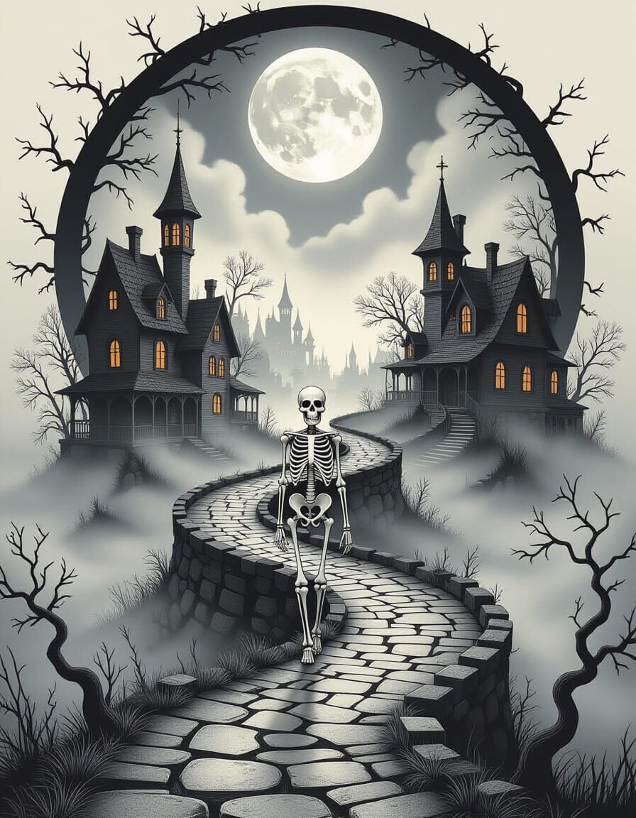 Monochrome Skeleton in Gothic Village, Fantastical Horror