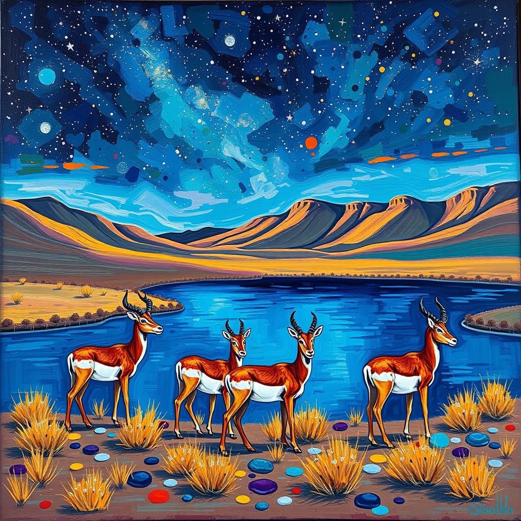 Antelopes Under Starry Sky, Impasto Oil Painting