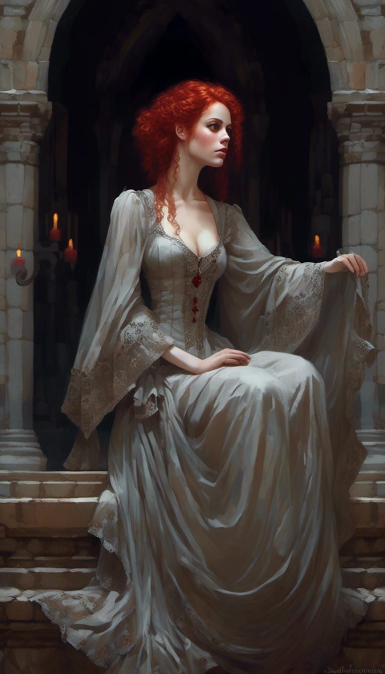 Gothic Vampiress in Crypt, Silver Dress, 1479 AD