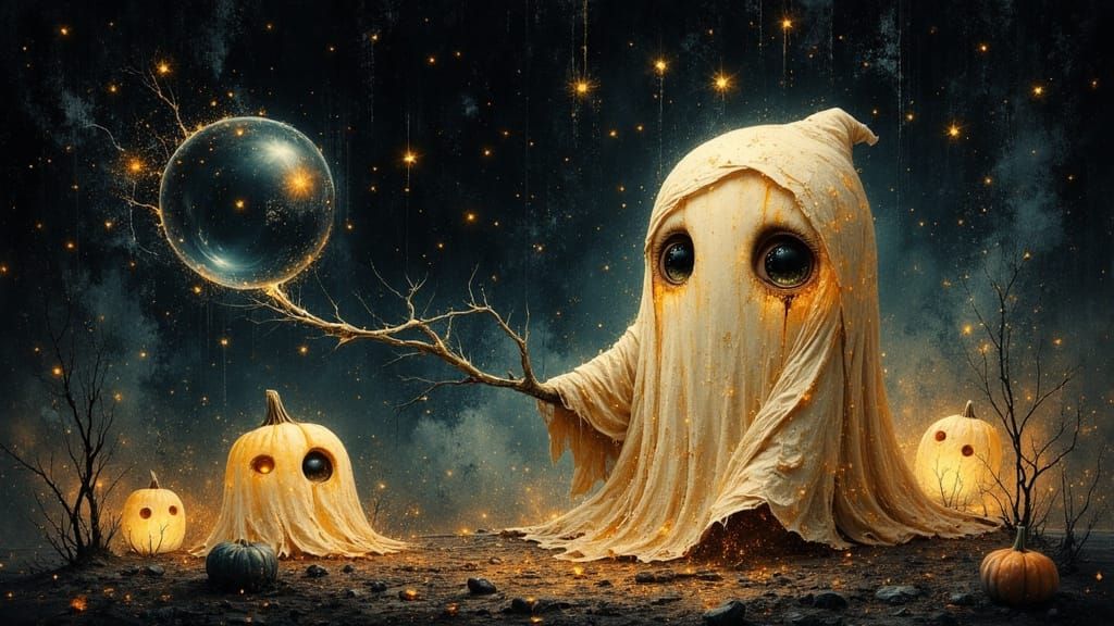 Chibi Ghost Catches Stars in Rustic Oil Painting