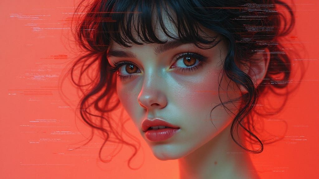 Glitch Art Portrait of a Serene Young Woman