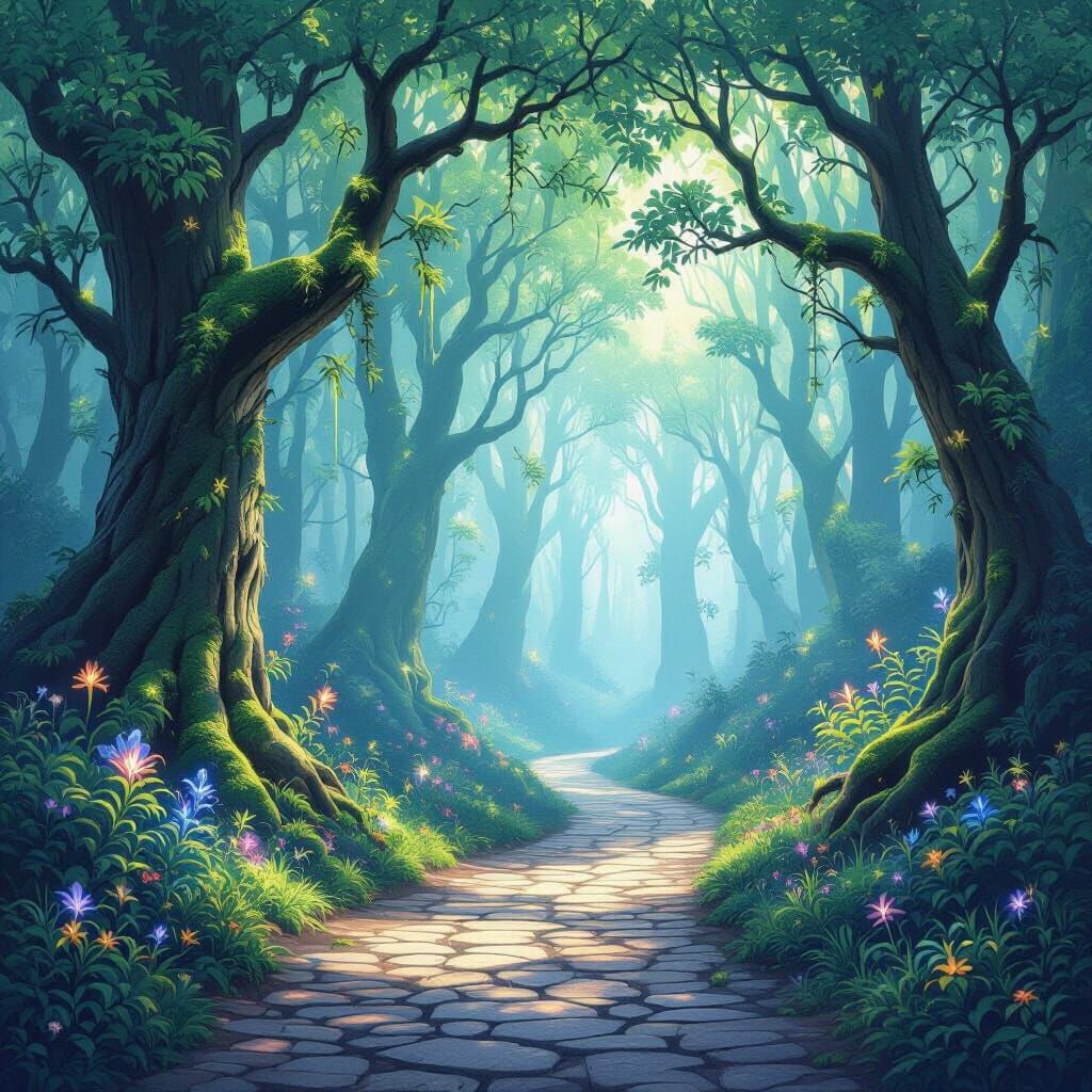 Enchanted Forest Trail Bathed in Ethereal Light
