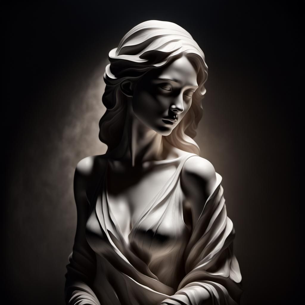 Dramatic Marble Woman Sculpture in Chiaroscuro Lighting