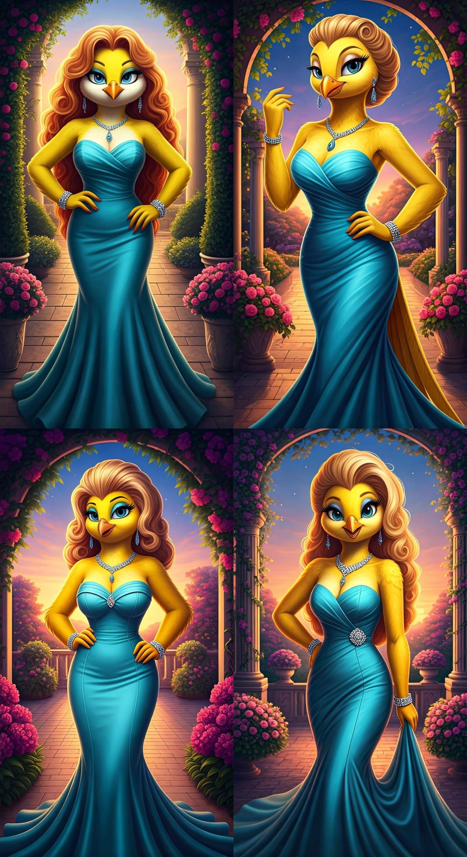 Anthropomorphic Bird in Evening Gown in Garden