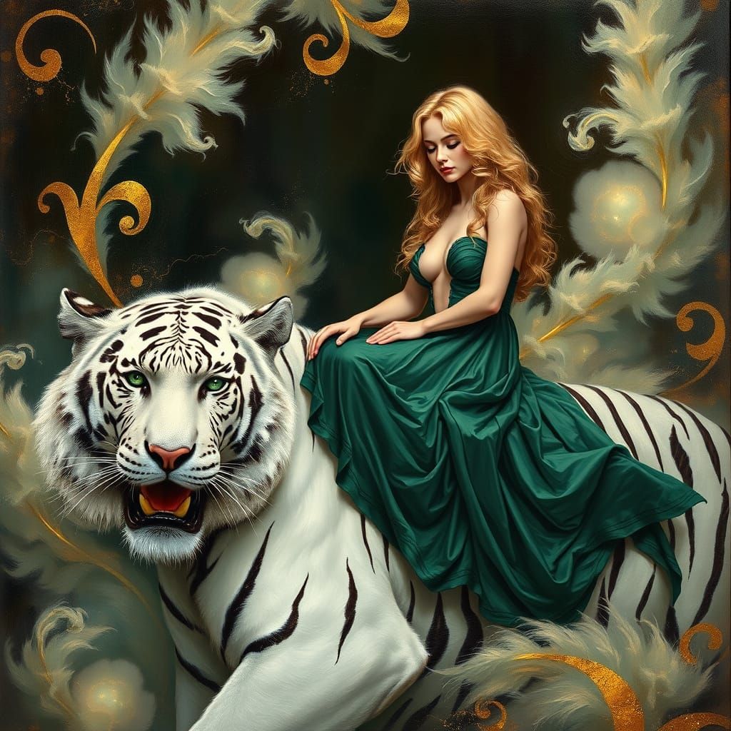 Blonde Goddess on a Majestic White Tiger in a Dreamlike Land...