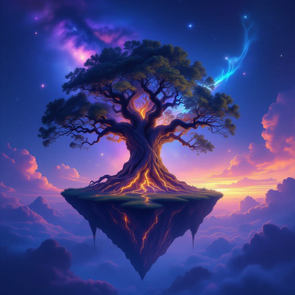 Ancient Tree Anchors Floating Island in Cosmic Nebula
