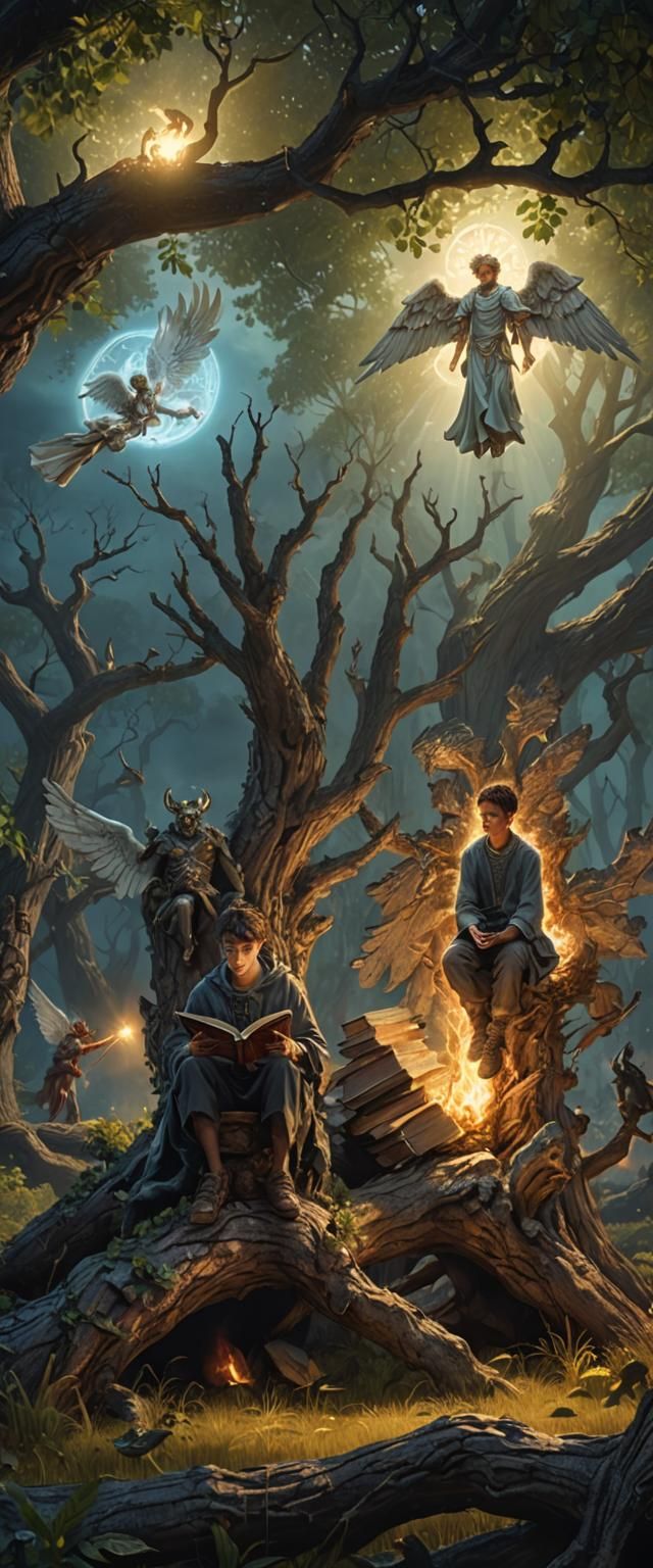 Boy Reading Bible Protected by Angel, Fantasy Art