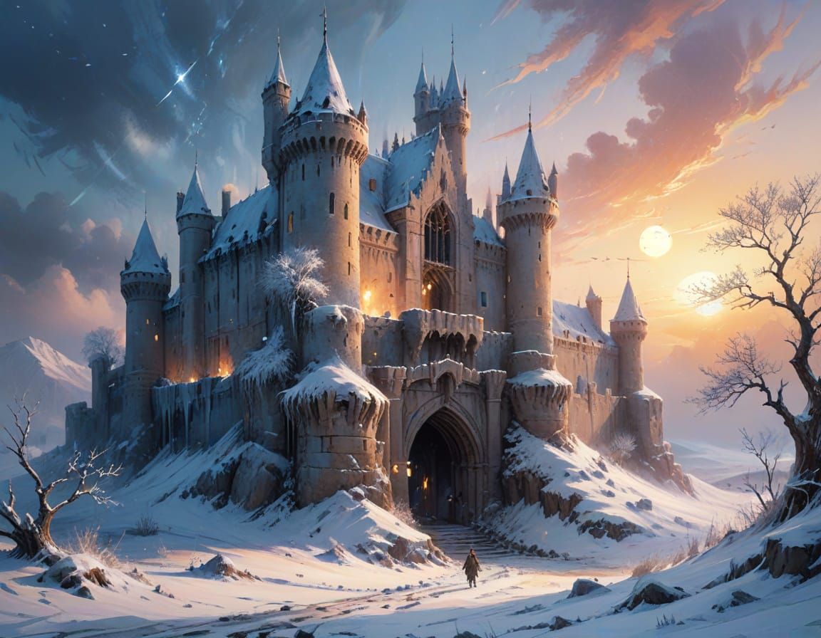 Winter Castle in Snow, Watercolor Style