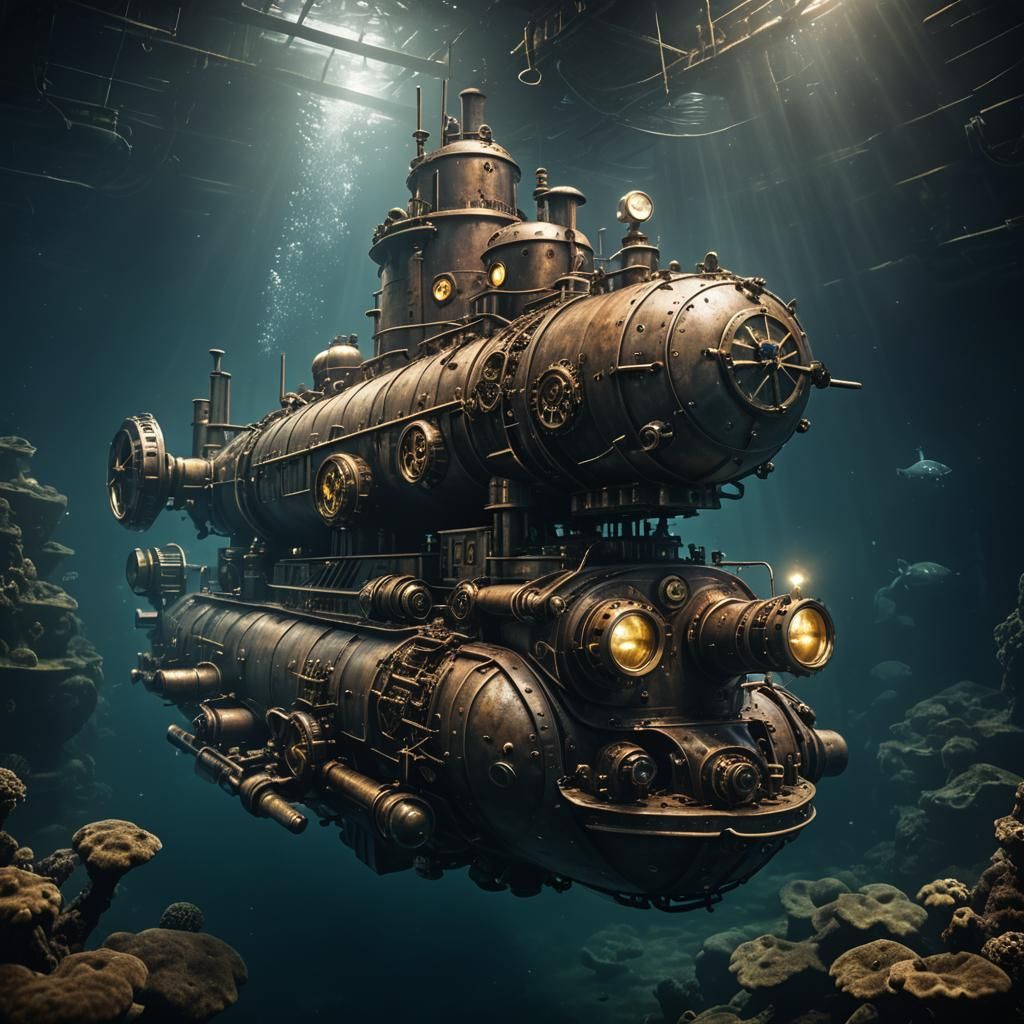 Steampunk Submarine Floating Underwater in Hyperrealism