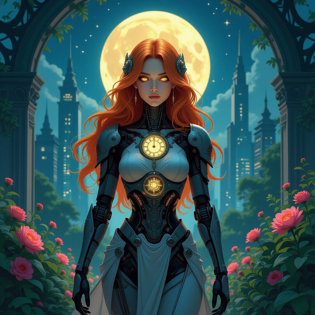 Art Nouveau Android in Moonlit Cyberpunk Garden