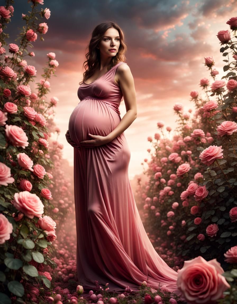 Pregnant Woman in Rose Dress Amidst Rose Field