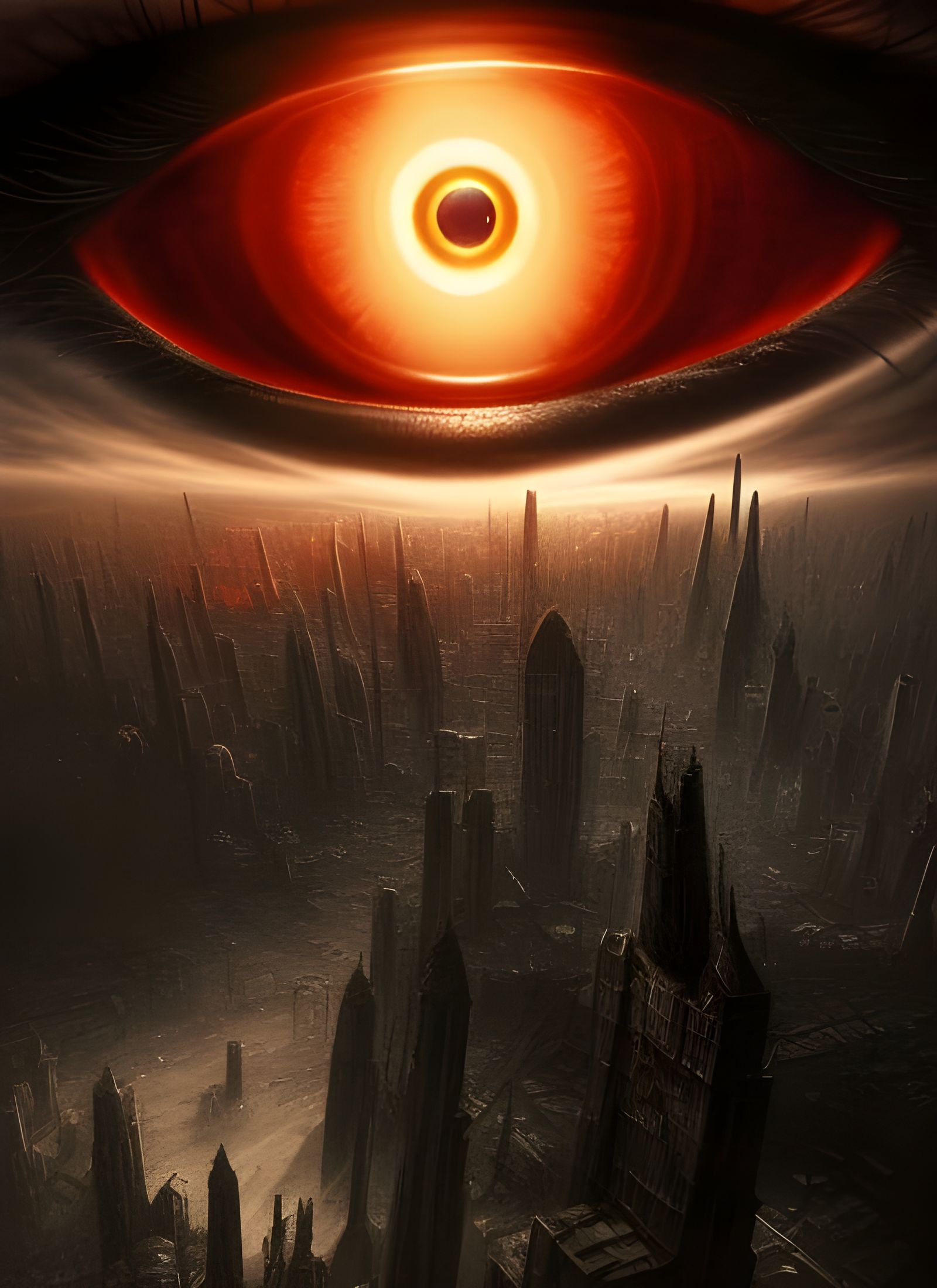 Burning Sauron Eye Over Dystopian City