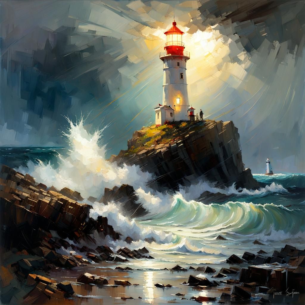 Stormy Seashore Lighthouse Oil Painting