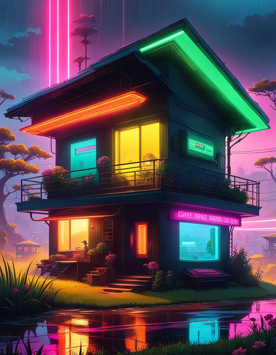Farmhouse on Rainy Day in Cyberpunk 2099 Style