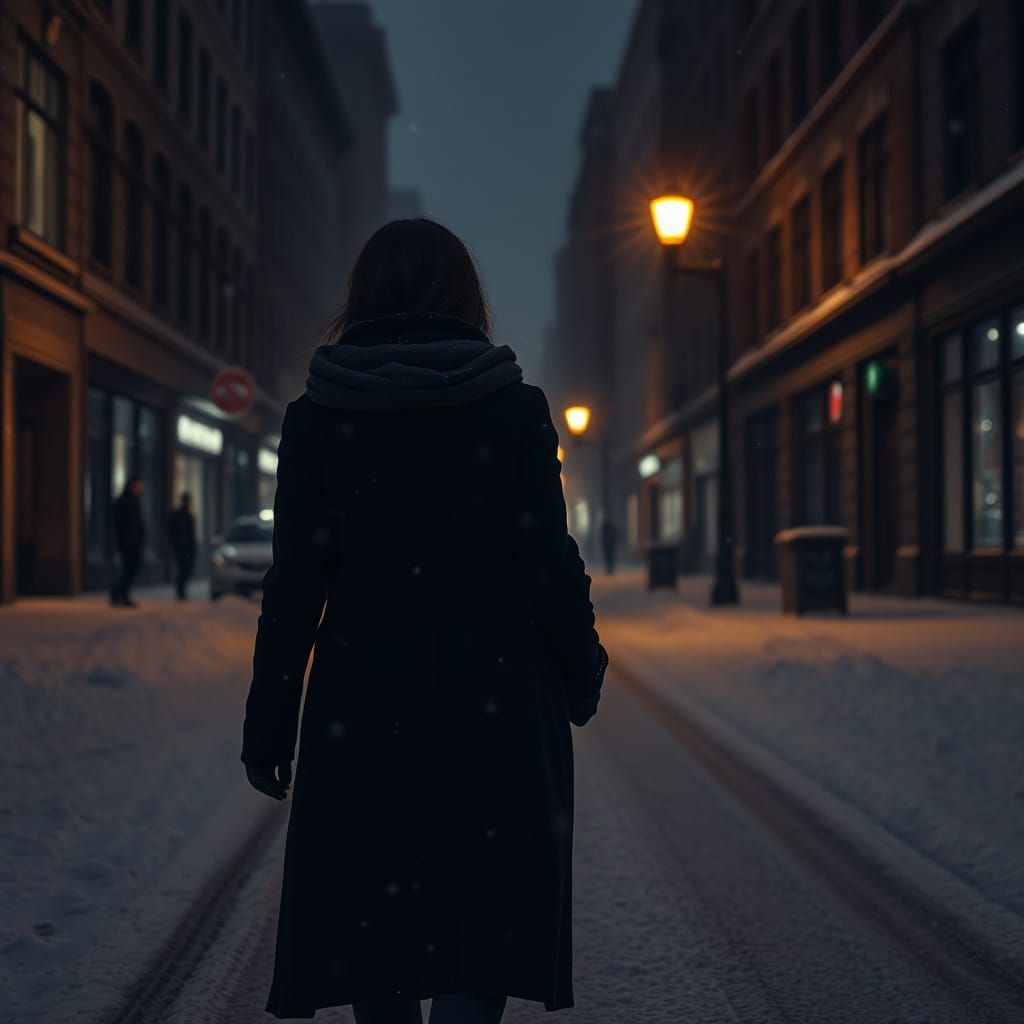 Woman Walks Through Snowy Cityscape at Night