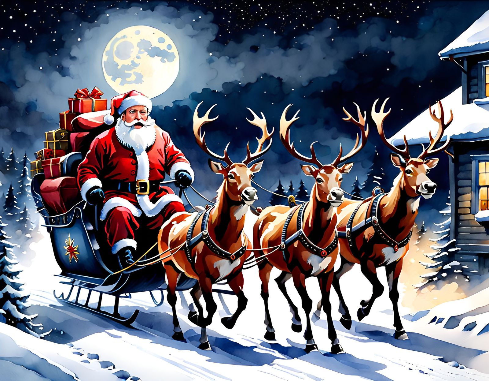 Santa Claus Sleigh Ride on Christmas Eve Watercolor