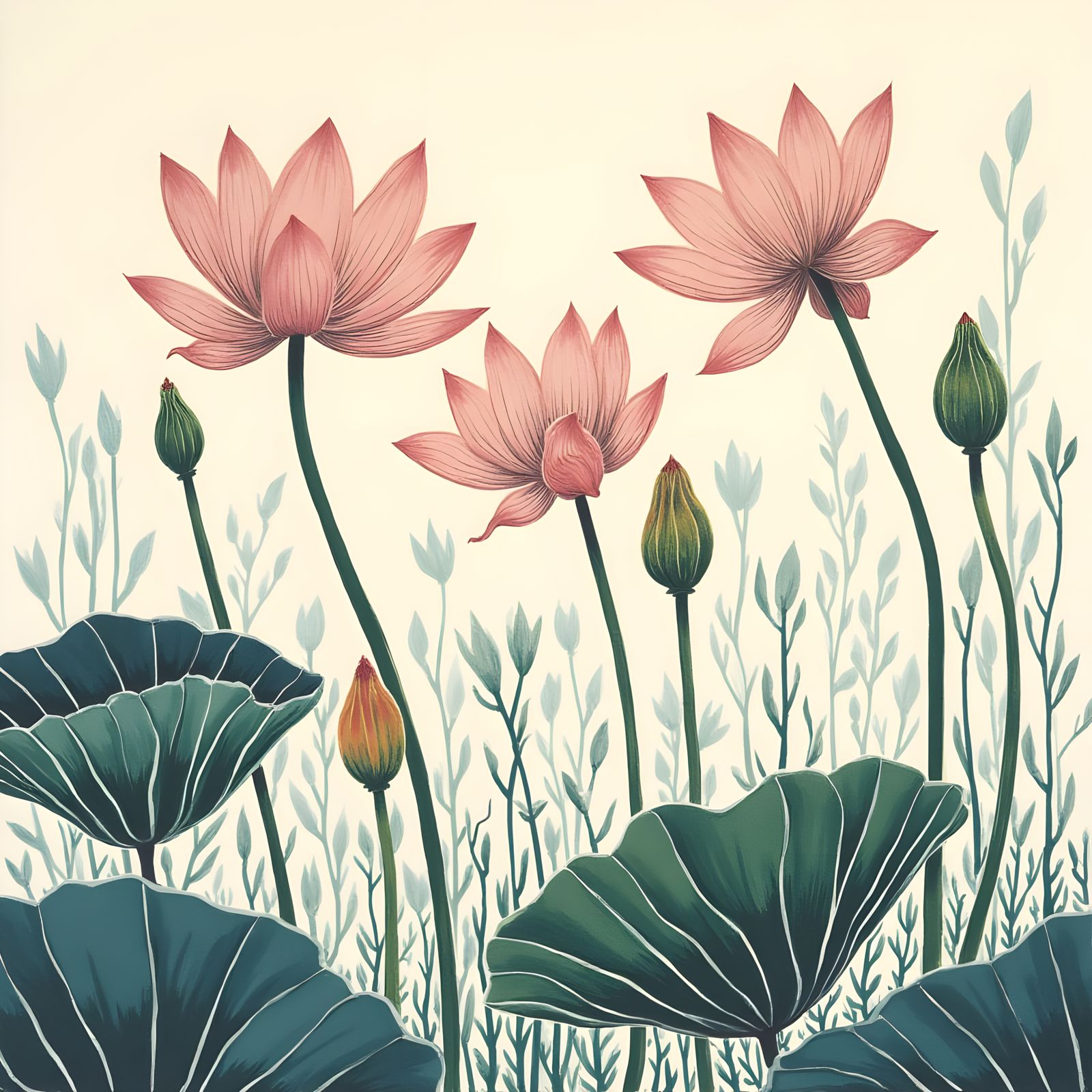 Linocut Lotus Flowers Swaying in the Breeze