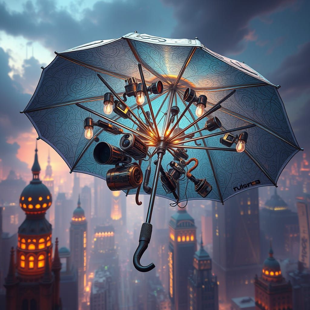 Futuristic High-Tech Umbrella in Dreamlike Cityscape