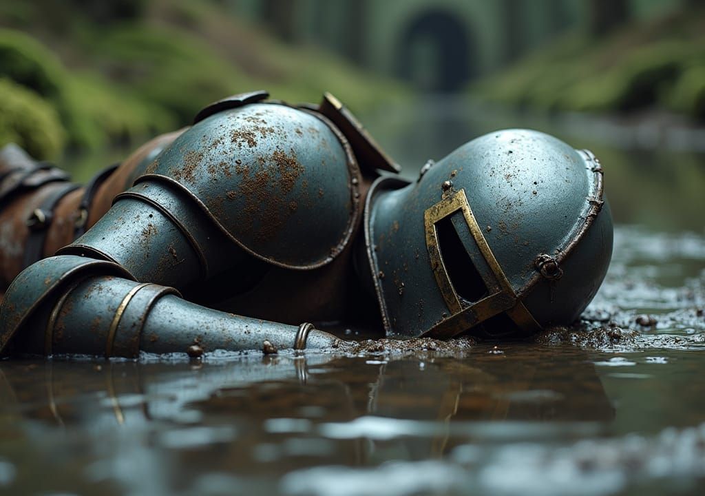 Defeated Knight in Murky Water, Hyper-Realistic Digital Art