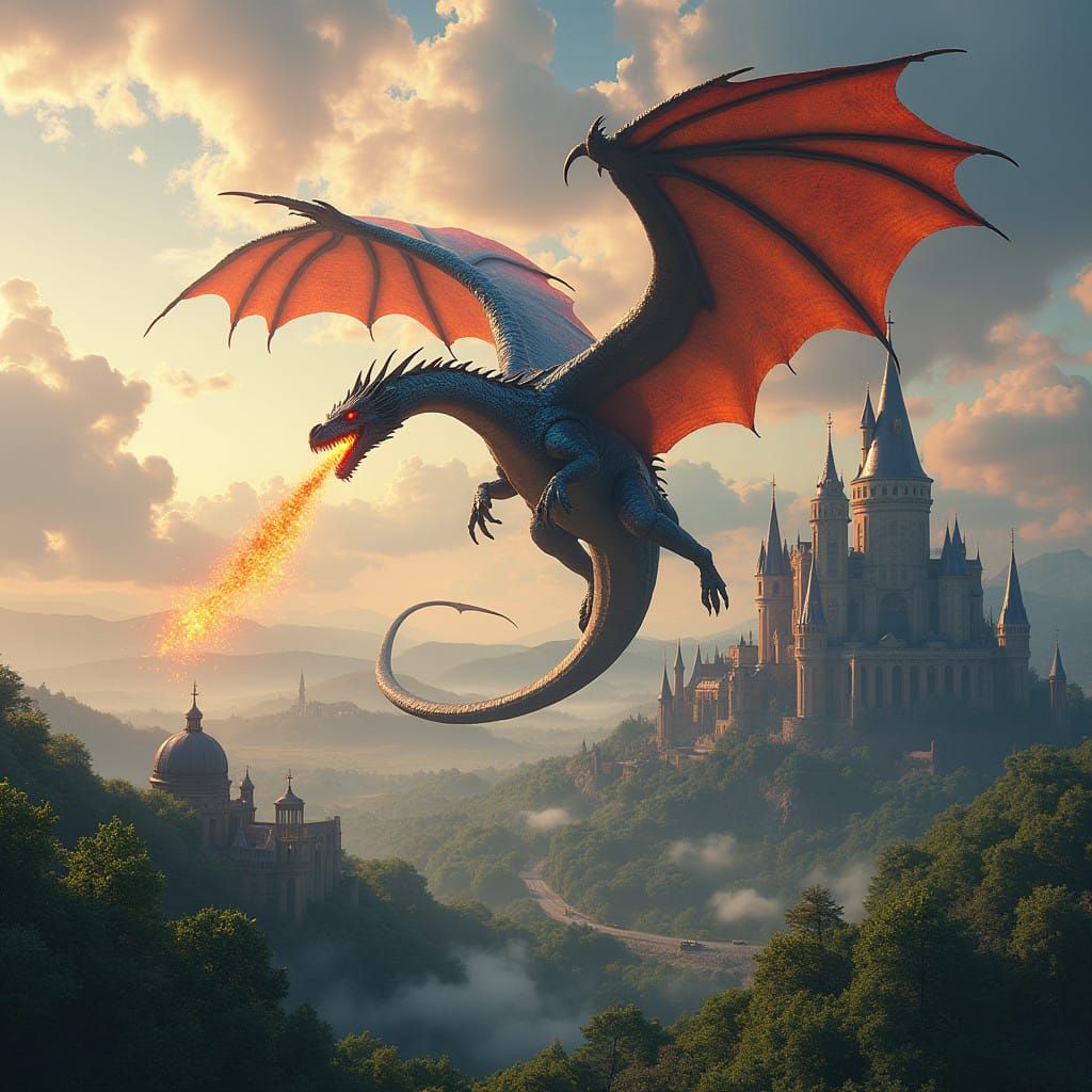Majestic Dragon Soars Over Fantasy Kingdom in Photorealistic...