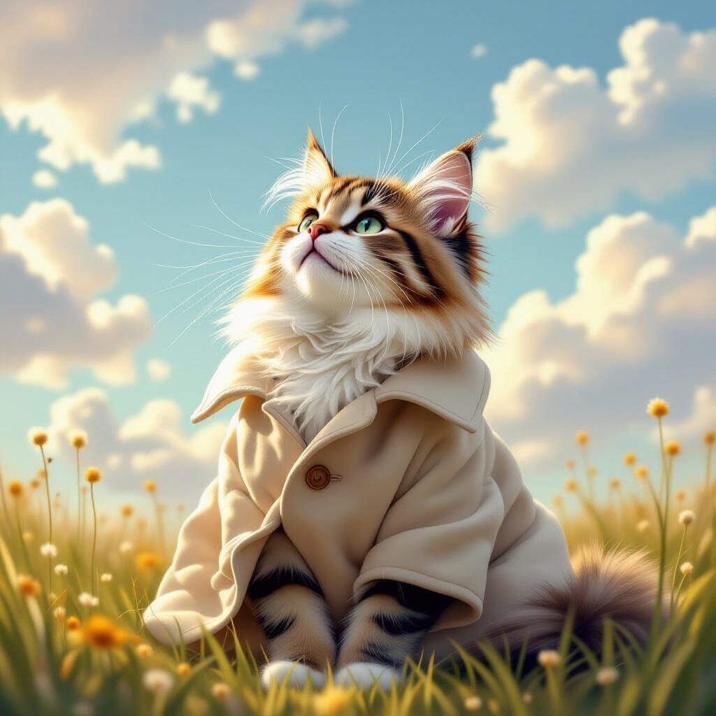 Dreamy Cat Gazing Skyward in Digital Illustration Style