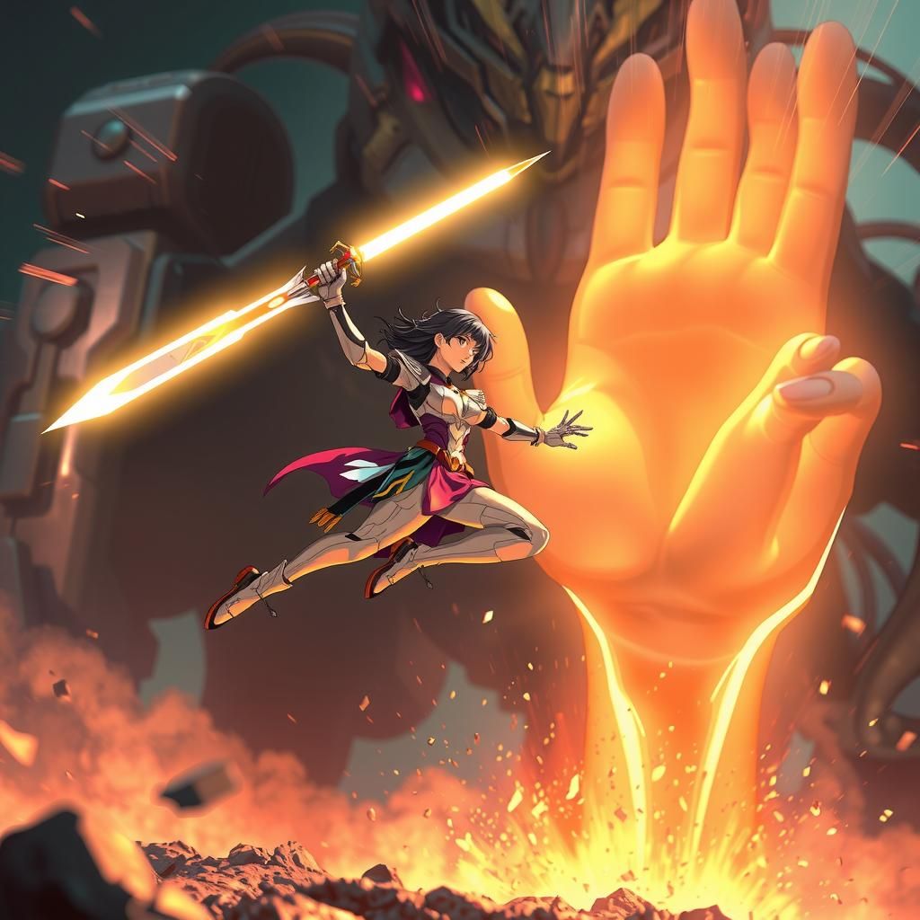 Futuristic Cyborg Girl Leaps with Sword in Anime Style