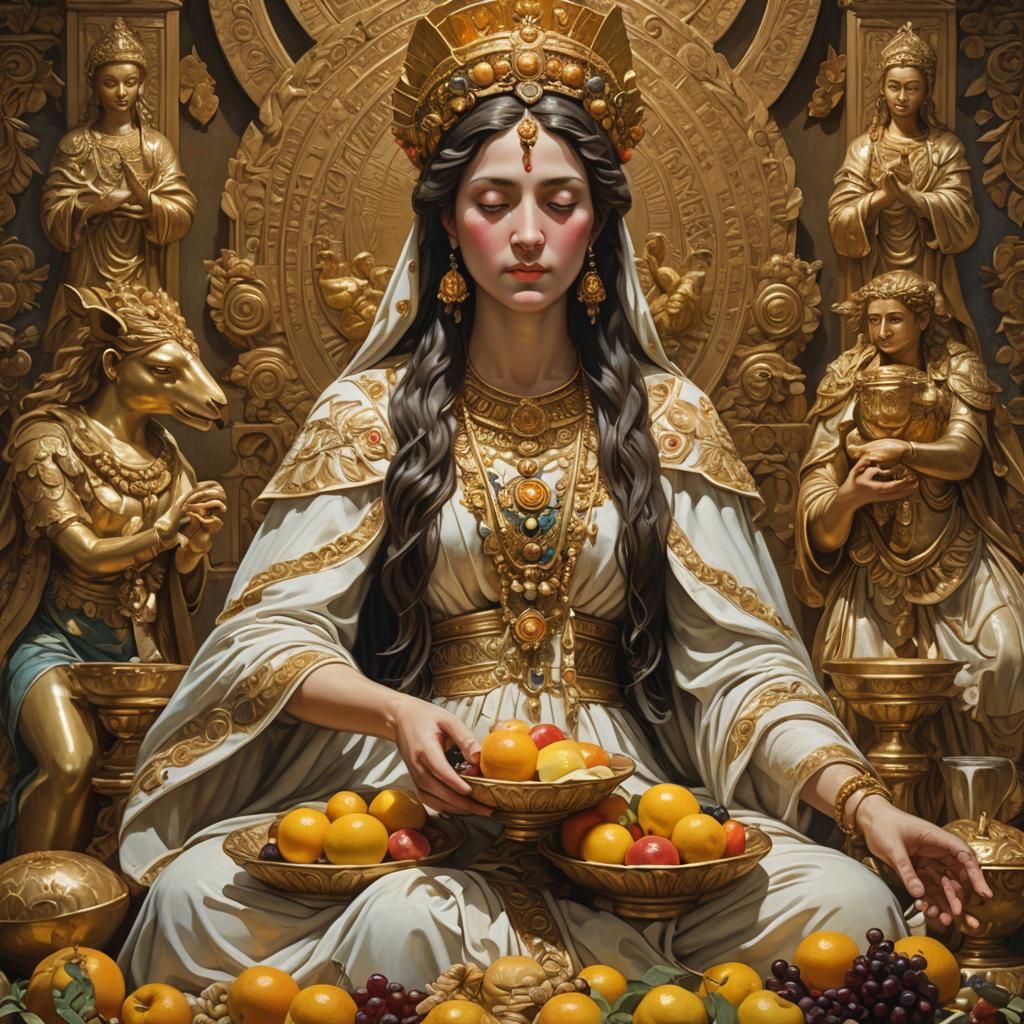 High Priestess Offering Food to Goddess Statue