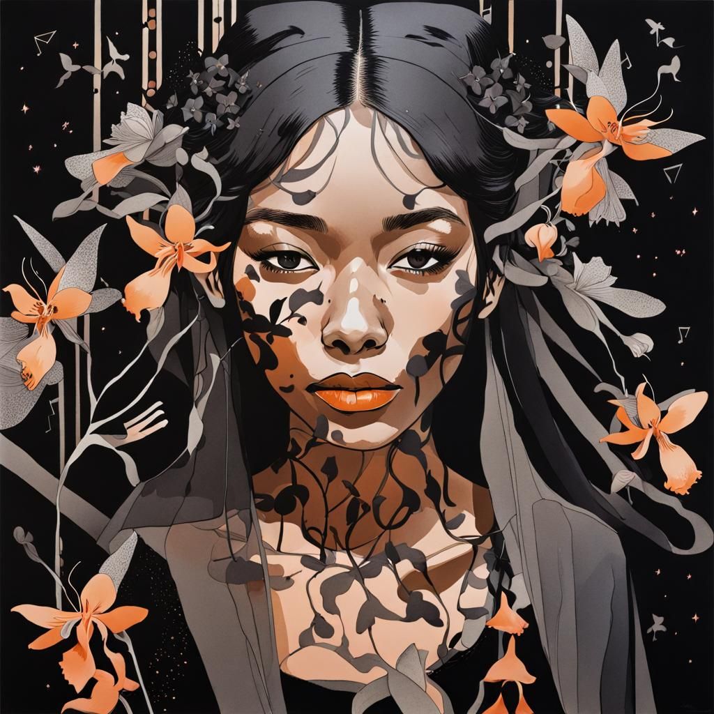 Woman in Black Gown with Orchids, Silkscreen Print