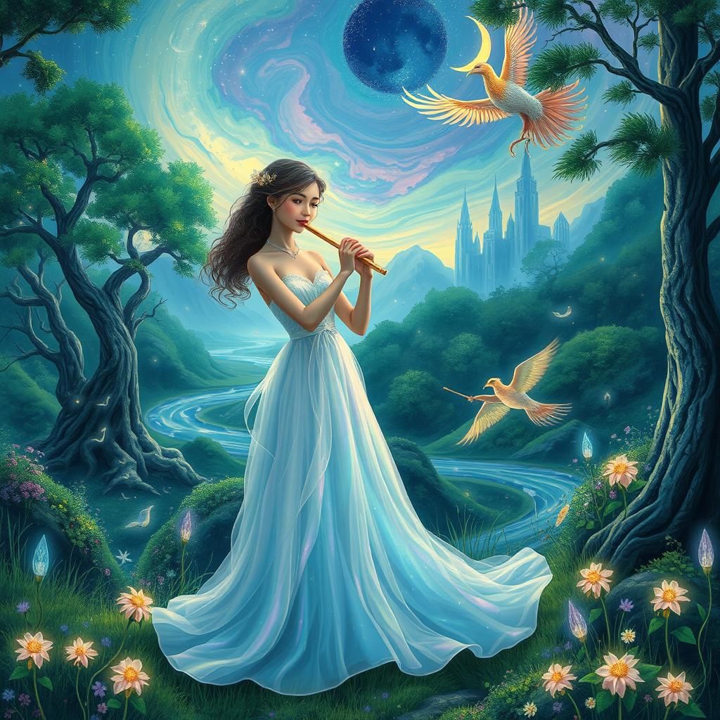 Enchanted Forest Flute Player in Surreal Style