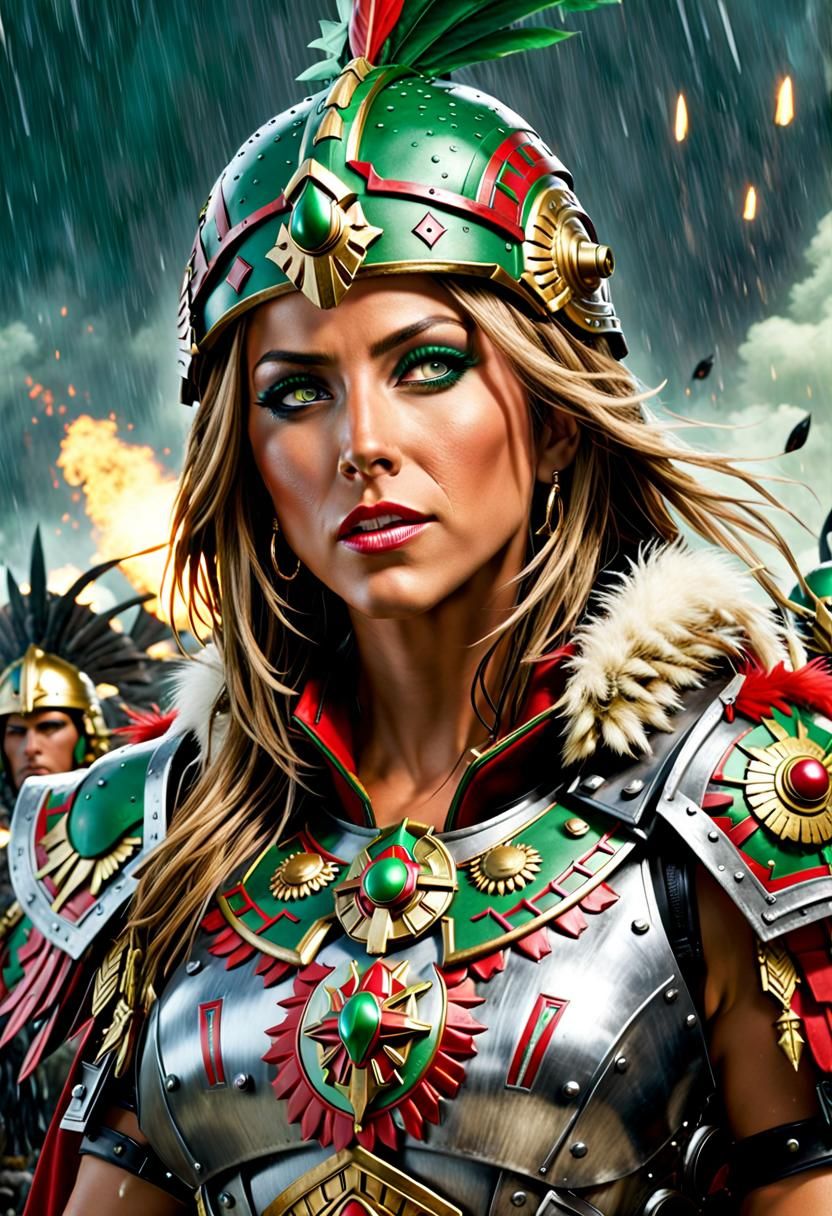 Female Space Marine with Aztec Headdress in Cyberpunk Style