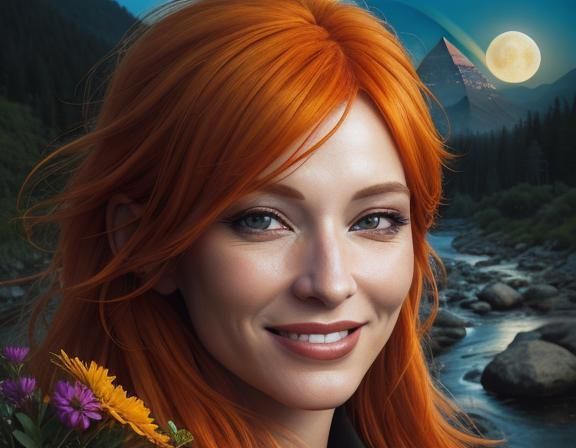 Woman with Orange Hair in Ecstatic Landscape