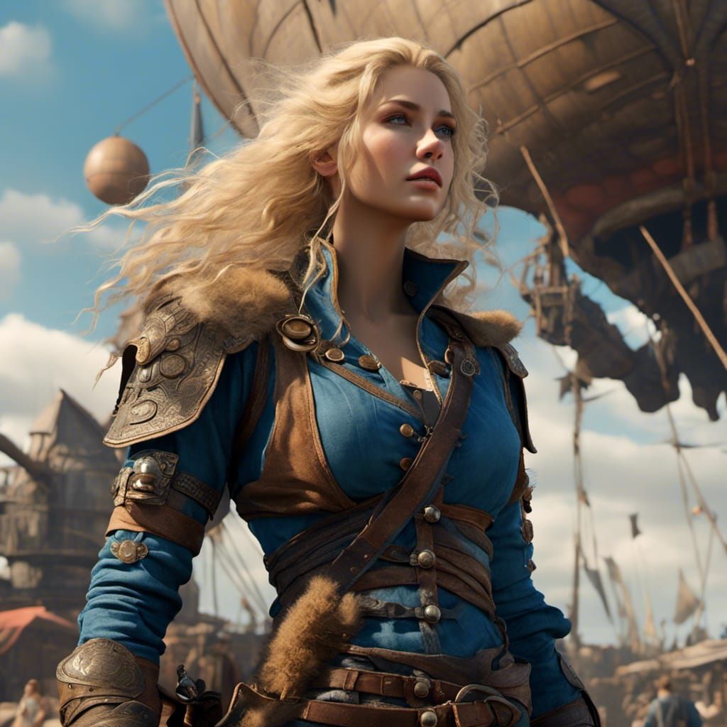 Viking Aviatrix with Airship in Fantasy Concept Art