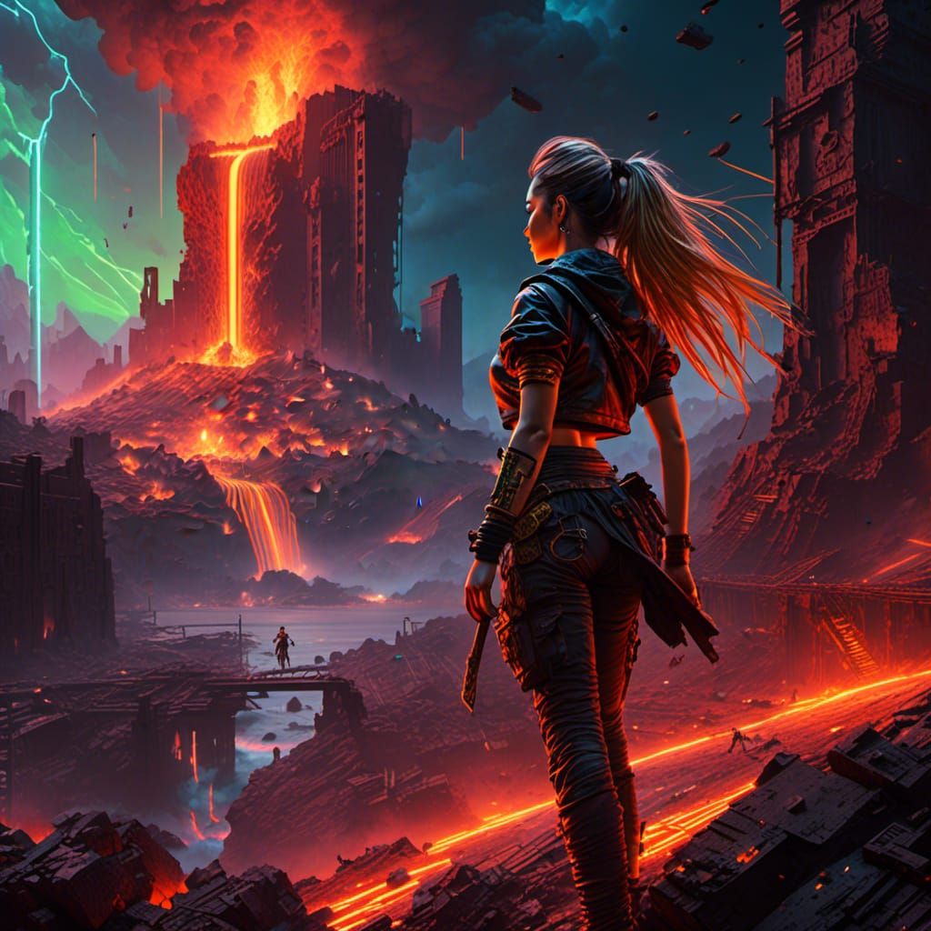 Sci-Fi Battle Scene with Lava and Pirate