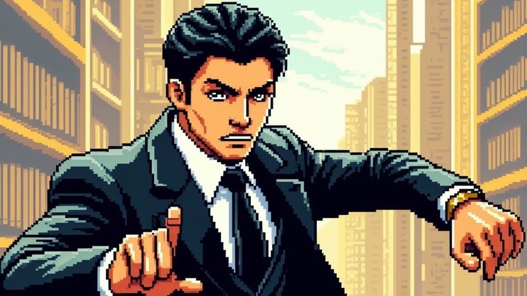 Pixel Art Korean Gangster in Cityscape at Dusk