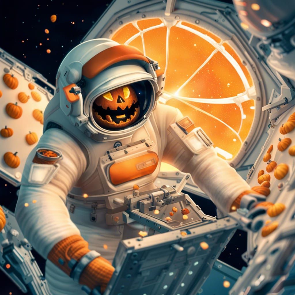Astronaut Carving Jack-O-Lantern in Space