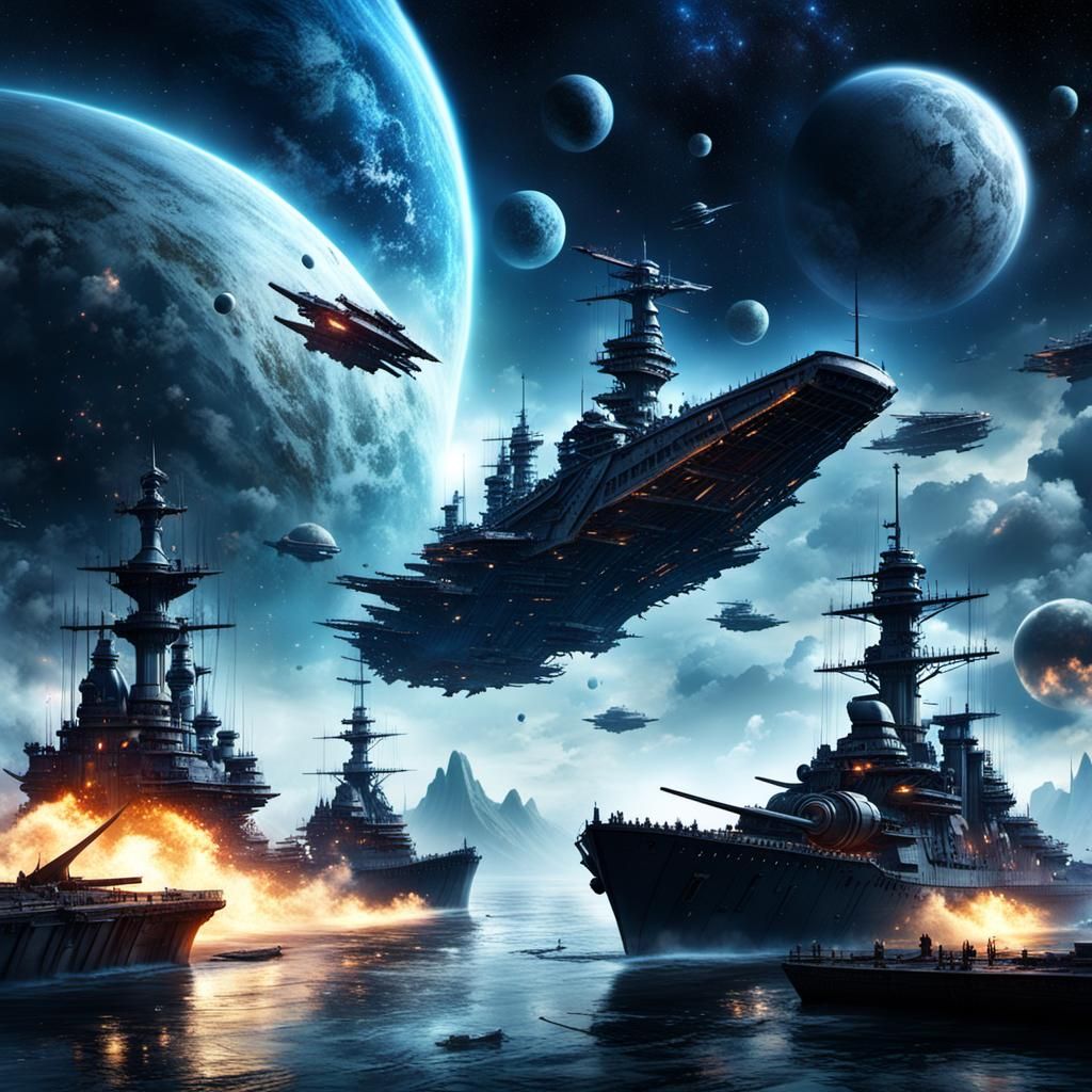 Epic Space Battleship War Under Starry Sky