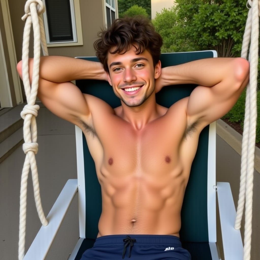 College Guy Relaxing on Porch Swing at Sunset